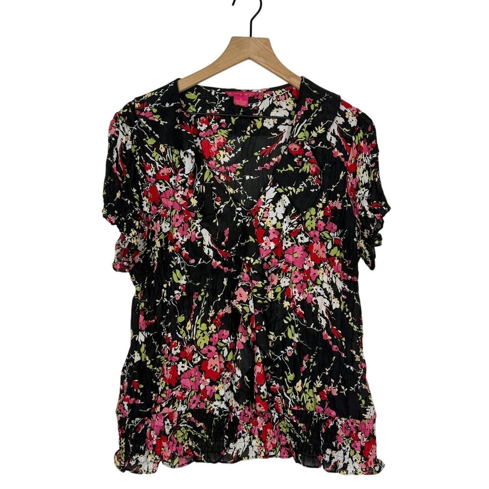 Sunny Leigh Top Sz XL Black Floral Crinkle Dark Fairy Cottage Y2K Ruffle V Neck